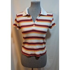 BabyTee L 90s Striped Polo Shirt‎ Red Orange Preppy WaffleKnit Fitted Shrunk Y2K
